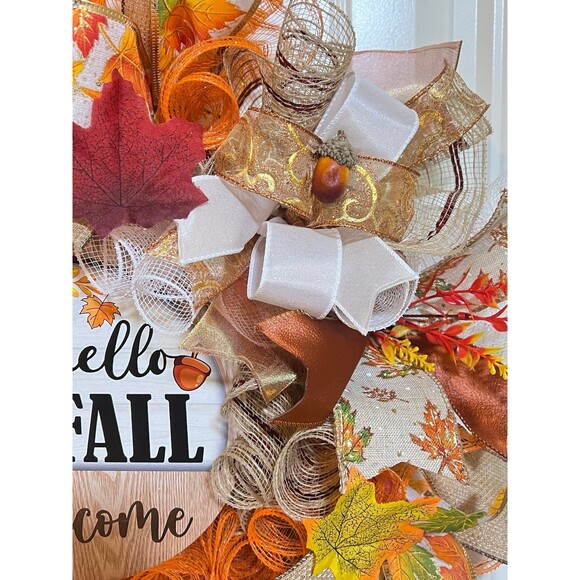 Handmade Hello Fall Welcome Door Wreath Acorn Leaf 22 in LED Thanksgiving W12 - Picture 8 of 10